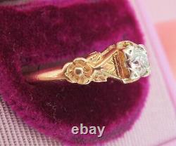 10k Antique Vintage 12-25-45 Natural Vs European Diamond Flowers Engagement Ring
