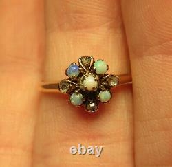10k Antique Vintage Genuine Opal Rose Cut Diamonds Floral Flower Victorian Ring