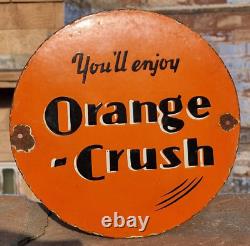 1930's Old Vintage Antique Very Rare Orange Crush Porcelain Enamel Sign Board