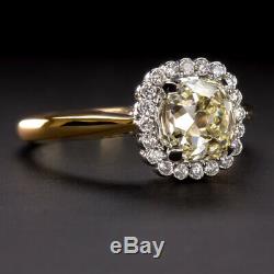 1.65ctw ANTIQUE OLD MINE CUT CUSHION YELLOW DIAMOND VINTAGE HALO ENGAGEMENT RING