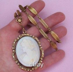 1 Old Vintage Antique Victorian R K Gold Watch Chain Bead Big Cameo Fob Necklace