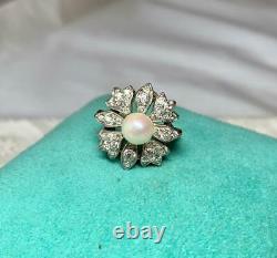 2 CT Old Mine Cut Diamond Platinum Pearl Ring Antique Victorian Art Deco Flower