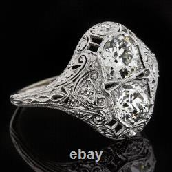 2 Carat Vintage Old European Cut Diamond Platinum Double Ring Filigree Antique