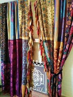 4PC(2Pair) Indian Old Sari Patchwork Drape Window Decor Multi Silk Saree Curtain