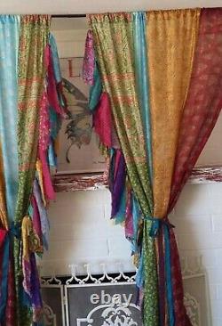 4PC(2Pair) Indian Old Sari Patchwork Drape Window Decor Multi Silk Saree Curtain