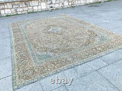 9.5x13 ANTIQUE NEUTRAL VINTAGE MODERN RUG, 70-80 YEARS OLD WOOL HAND-KNOTTED RUG