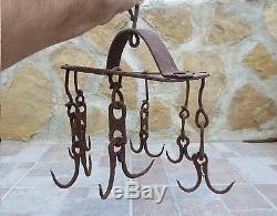 ANTIQUE 19th CENTURY HAND FORGED WROUGHT IRON HOOKS HANGER Old Fireplace Vintage