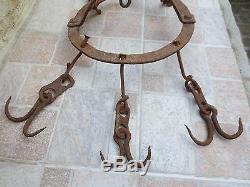 ANTIQUE 19th CENTURY HAND FORGED WROUGHT IRON HOOKS HANGER Old Fireplace Vintage