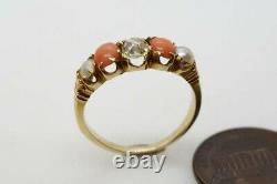 ANTIQUE ENGLISH 18K GOLD OLD CUT DIAMOND CORAL & PEARL 5 STONE RING c1890