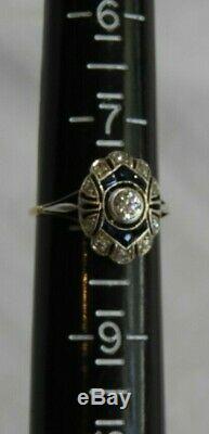 Antique 14K White & Yellow Gold with Old Mine Cut Diamonds & Sapphires Ring Size 8