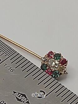 Antique 14k Gold Stick Pin With Old Mine Cut Diamonds And Garnets Stones