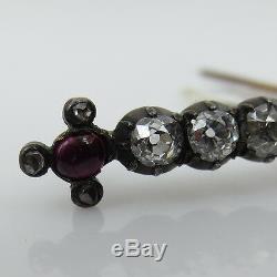 Antique 1800s 2.00ct Old Mine Cut Diamond & 0.50ct Ruby Silver & Gold Bar Pin