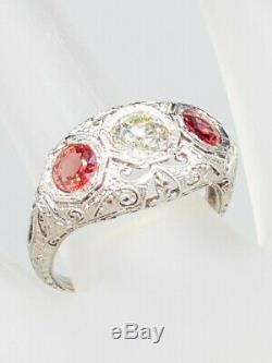 Antique 1920 $5000 1.60ct Old Cut Diamond Orange Sapphire Platinum Filigree Ring
