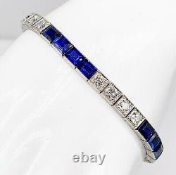 Antique 1920s $15,000 20ct Blue Sapphire VS H Old Euro Diamond Platinum Bracelet