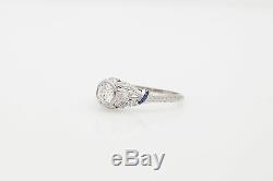 Antique 1920s 1.25ct Old Euro Diamond Sapphire Platinum Filigree Ring
