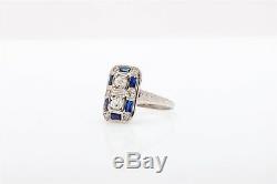 Antique 1920s 1.50ct Old EURO Diamond Blue Sapphire 18k White Gold Filigree Ring