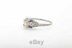 Antique 1920s 1.50ct Old Mine Cut Diamond Blue Sapphire Platinum Filigree Ring