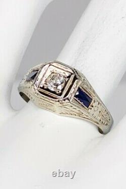 Antique 1920s 1ct Old Euro VS H Diamond Blue Sapphire 18k White Gold Mens Ring