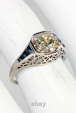 Antique 1920s $20,000 2ct Old Euro Diamond Blue Sapphire Platinum Filigree Ring