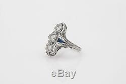 Antique 1920s $3500 1ct Old Euro Diamond Blue Sapphire 18k Gold Filigree Ring