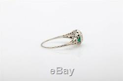 Antique 1920s. 50ct Old Euro VS G Diamond Emerald 18k White Gold Filigree Ring