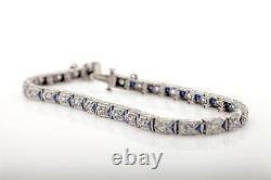 Antique 1920s 5ct Old Euro VS G Diamond Trillion Blue Sapphire Platinum Bracelet