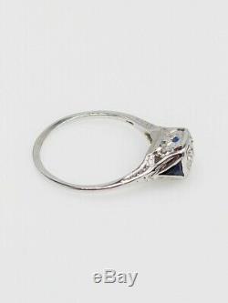 Antique 1920s. 75ct Old Euro Diamond Blue Sapphire 18K White Gold Filigree Ring