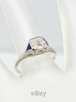 Antique 1920s. 75ct Old Euro Diamond Blue Sapphire 18K White Gold Filigree Ring