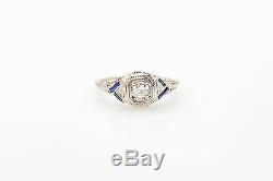 Antique 1920s. 75ct Old Mine Cut Diamond Blue Sapphire 18k Gold Filigree Ring