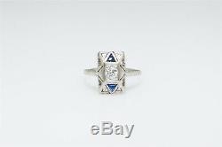 Antique 1920s BELAIS. 65ct VS H Old Euro Diamond Blue Sapphire 18k Gold Ring
