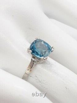 Antique 1930s DECO $4000 5ct Natural Old Cut Blue Zircon Diamond Platinum Ring