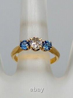 Antique 1940s 1.65ct Old Mine Cut Diamond Blue Sapphire 14k Yellow Gold Ring