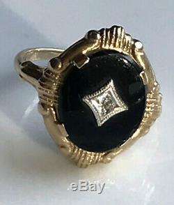Antique 19th c 10k GoldOld Mine Diamond ChipFiligreeOnyx Mourning Ring 5.25