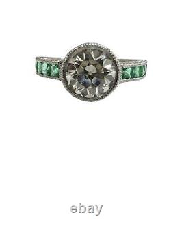 Antique 1.88 ctw Old European Diamond & Emeralds Platinum Ring Art Deco 1.28 ctr