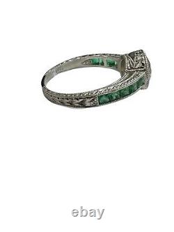 Antique 1.88 ctw Old European Diamond & Emeralds Platinum Ring Art Deco 1.28 ctr