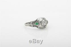 Antique $3000 1920s. 75ct Old Mine Cut Diamond Emerald 18k Gold Filigree Ring