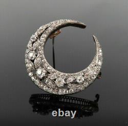 Antique 6.0ct Old Mine Cut Diamond Silver & 14K Gold Crescent Moon Brooch Pin