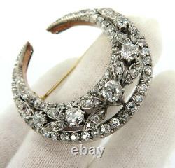 Antique 6.0ct Old Mine Cut Diamond Silver & 14K Gold Crescent Moon Brooch Pin