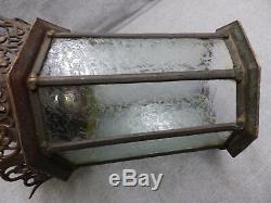 Antique Brass Gothic Ceiling Light Fixture Iced Glass Panels Old Vintage 462-16