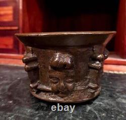 Antique Bronze Mortar Angel Heads Bowl Brown Engraved Decor Pestle Rare Old 17th