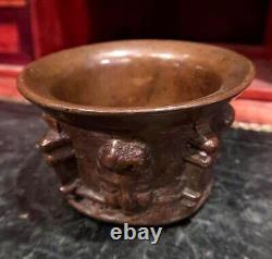 Antique Bronze Mortar Angel Heads Bowl Brown Engraved Decor Pestle Rare Old 17th