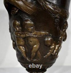 Antique Bronze Vase Bacchus Fauns Kid Fauns Chimeras Vine Brown Patina Old 19th