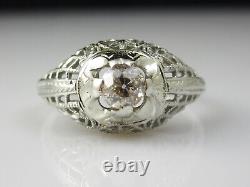 Antique Diamond Ring Vintage Old Mine Diamond Filigree 14K White Gold Estate Art