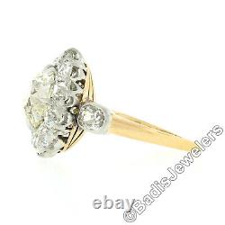 Antique French 18k Gold Platinum 4.58ct Old Mine Cut Diamond Flower Cluster Ring