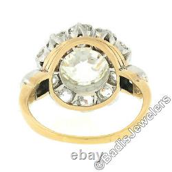 Antique French 18k Gold Platinum 4.58ct Old Mine Cut Diamond Flower Cluster Ring