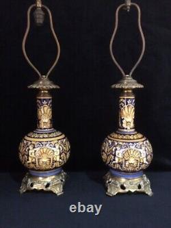Antique Gien Faiences Putti Motif Pair of Earthenware Lamps Bronze Rare Old 19th
