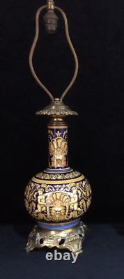Antique Gien Faiences Putti Motif Pair of Earthenware Lamps Bronze Rare Old 19th