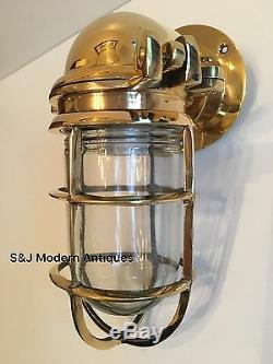 Antique Industrial Wall Light Vintage Cage Bulkhead Gold Brass Ship Lamp Old