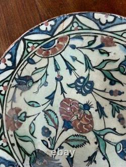 Antique Iznik Ceramic Dish Floral Decoration Emerald Tulips Poppy Oxide Old 17th