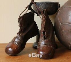 Antique Leather Football Boots. Vintage Old Soccer Cleats. Small Child Size 8